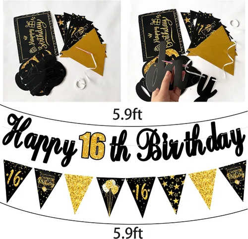 Vista 3 de Decoraciones de fiesta de cumpleaños número 16 para hombres y mujeres, negro y dorado, cartel de feliz cumpleaños negro y dorado, globos de feliz