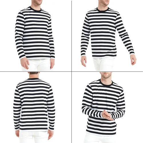 Vista 5 de LEDING Camisa para hombre a rayas, color negro, blanco, algodón, elastano, cuello redondo, manga larga, básica, a rayas, casual, camiseta de cuello