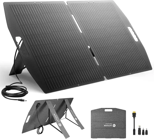 Vista 8 de LVYUAN Panel solar portátil de 100 W para estación de energía, panel solar plegable 23.5% monocelda con ETFE, IP65 P-PERC con adaptador 4 en 1
