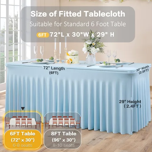Vista 6 de Paquete de 3 Manteles de Spandex Azul Bebé para Mesas Rectangulares de 6 Pies, Falda de Mesa Azul Elástica Ajustada de 6 Pies para Fiestas de Boda