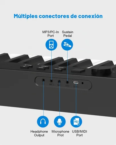 Vista 5 de Teclado de piano plegable de 88 teclas, teclado de piano portátil con tecla semipesada estándar, piano plegable con soporte Bluetooth/MIDI