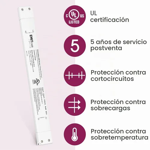 Vista 4 de EMITEVER 60W 24V Slim Triac Dimmable LED Driver, CA 100-277V a DC, UL