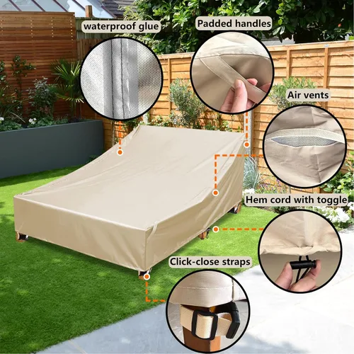 Vista 3 de Cubierta impermeable para silla de salón doble al aire libre, 100% tela Oxford 600D resistente a rasgaduras y al viento, protección contra todo Beige