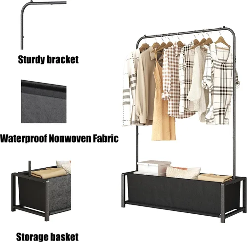 Vista 6 de SUOERNUO - Perchero de ropa para colgar con estante metálico inferior resistente y portátil para secar abrigos y camisas, color negro (bolsa negra)