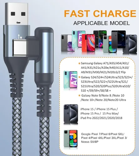 Vista 3 de sweguard Cable de carga USB tipo C en ángulo recto [2 unidades, 1.5 pies] 3.1A cable trenzado de nailon para iPhone 17, 16, 15 Pro Max Plus, iPhone