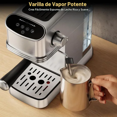 Vista 3 de COWSAR Máquina de café expreso de 20 bares, cafetera compacta con espumador de leche al vapor, cafetera de acero inoxidable con tanque de agua