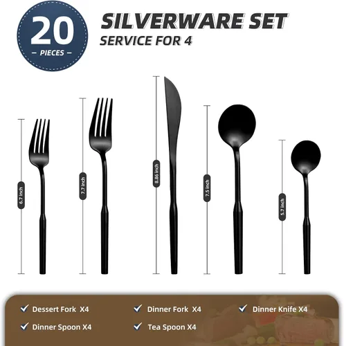 Vista 2 de Juego de cubiertos mate para comer, juego de cubiertos de acero inoxidable de 20 piezas, juego de utensilios de cocina para 4, cubiertos duraderos