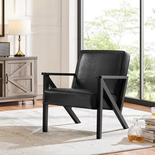 Vista 18 de Yaheetech Silla decorativa, silla de lectura de piel sintética, silla moderna de mediados de siglo con marco de madera maciza para sala de estar