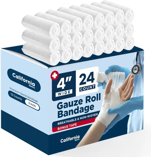 Vista 12 de California Basics Paquete de 12 rollos de vendaje de gasa con cinta, 2 pulgadas x 4 yardas, envoltura suave, elástica y transpirable para el cuidado