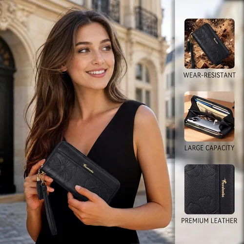 Vista 5 de Carteras con borla Travelambo para mujer, plegable, pulsera, cartera larga negro (A01 Black)
