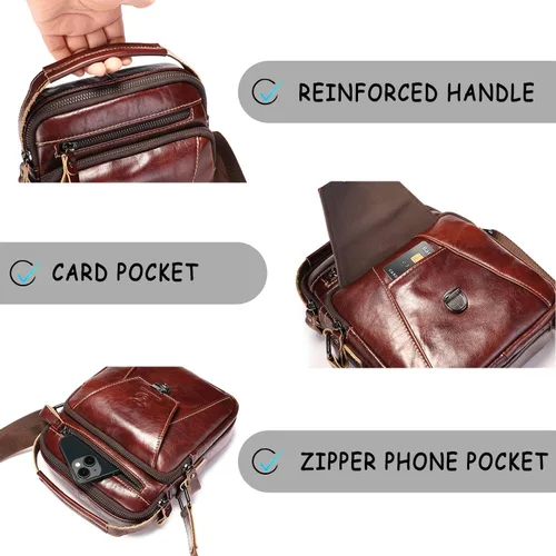 Vista 3 de Bolso bandolera de cuero para hombre, estilo vintage, bolso de hombro, bolso cruzado, bolso de viaje, mochila casual, Café