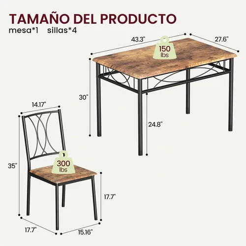 Vista 6 de CABIHOME Juego de mesa de comedor para 4, juego de mesa de cocina con 4 sillas, juego de mesa de comedor rectangular para 4, juego de mesa de cocina