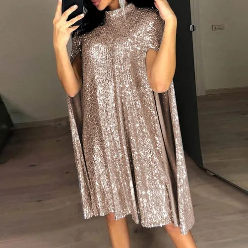 Vista 4 de Vestido de lentejuelas para fiesta de noche de mujer, vestido de club con purpurina brillante, vestido de cumpleaños sexy con cuello alto falso