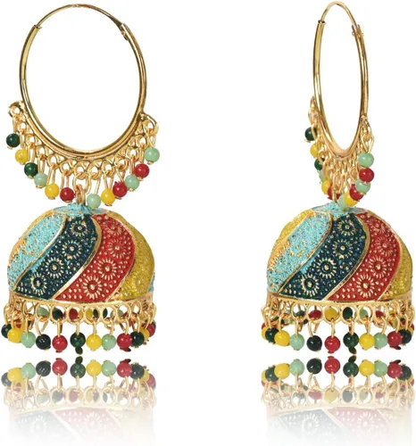 Vista 2 de Nilu's Collection Mujer étnica desgaste multicolor Jhumka Fiesta Festival, Función, Festival Wear Aleación Jhumki Pendiente, Mediano, Oro