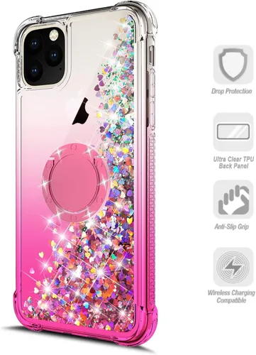 Vista 5 de Bling Moving Liquid Floating - Carcasa para iPhone 11 con soporte, color rosa Corazón brillante, TPU, cascada en movimiento, anillo de rotación