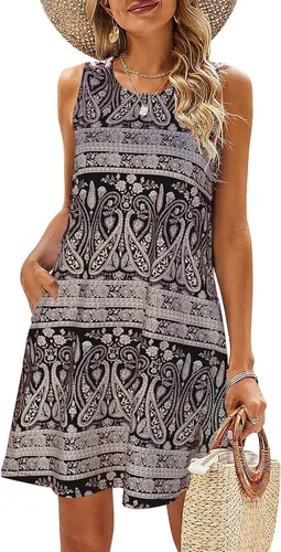 Vista 115 de SimpleFun - Vestidos de verano para mujer, camiseta floral, vestido de playa de estilo bohemio, informal, con bolsillos y sin mangas