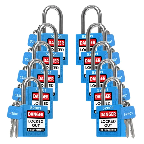 Vista 23 de TRADESAFE Juego de cerraduras de bloqueo - 7 candados iguales con llave roja, 2 llaves por cerradura, cerraduras Loto compatibles con OSHA