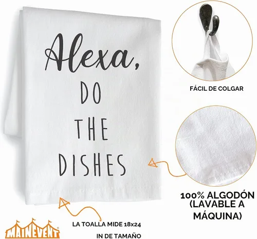 Vista 4 de MAINEVENT Alexa Do The Dishes - Toalla de cocina de algodón blanco de 18 x 24 pulgadas