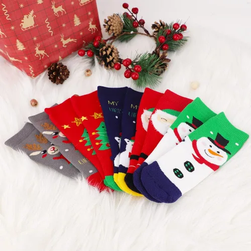 Vista 6 de UOIXPUHUO 5 pares de calcetines de Navidad calcetines de algodón cálidos de invierno para niños pequeños Rojo