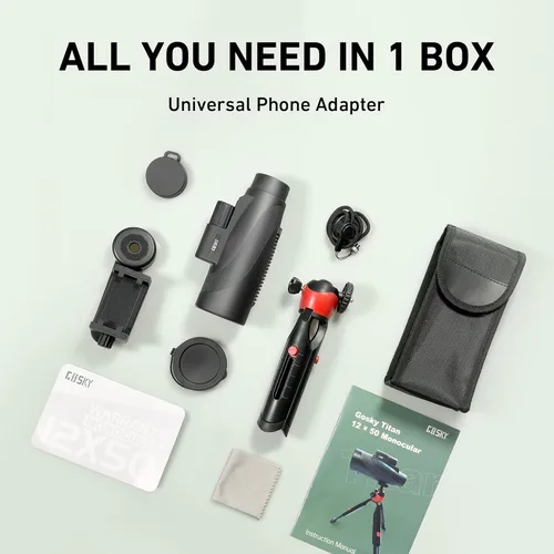 Vista 5 de Gosky Monocular de 12 x 50 para adultos, telescopio monocular con prisma BAK4 y lente FMC, monocular ligero, ideal para observación de aves, caza
