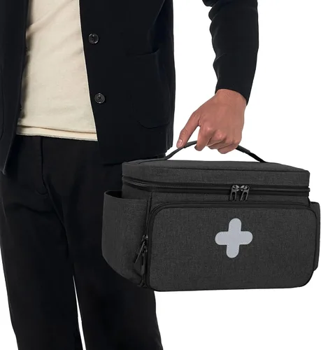 Vista 5 de CURMIO Pequeña bolsa de almacenamiento de medicamentos vacía, caja de primeros auxilios familiar, organizador de botellas de píldoras para Negro