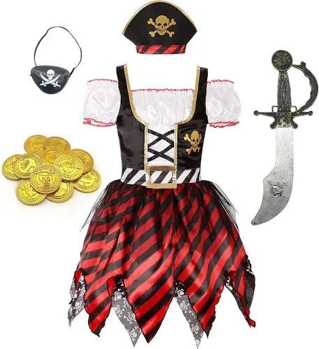 Vista 7 de Getyothtop Disfraz de princesa pirata para niña disfraz de fiesta de Halloween con juguetes