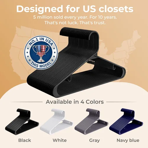 Vista 9 de HOUSE DAY Paquete de 10 perchas de plástico color negro, perchas de plástico con ganchos integrados, percha duradera y fuerte para armario, ahorro