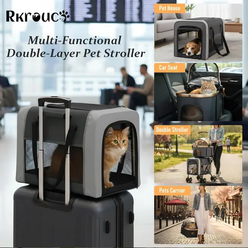 Vista 5 de Cochecito plegable doble para mascotas para perros, cochecitos portátiles para gatos para mascotas pequeñas y medianas con transportadores Negro