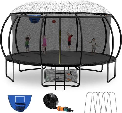 Vista 8 de Kiivakii Trampolín de 12, 14, 16 pies, trampolines grandes para exteriores para niños y adultos, trampolines recreativos con aro de baloncesto