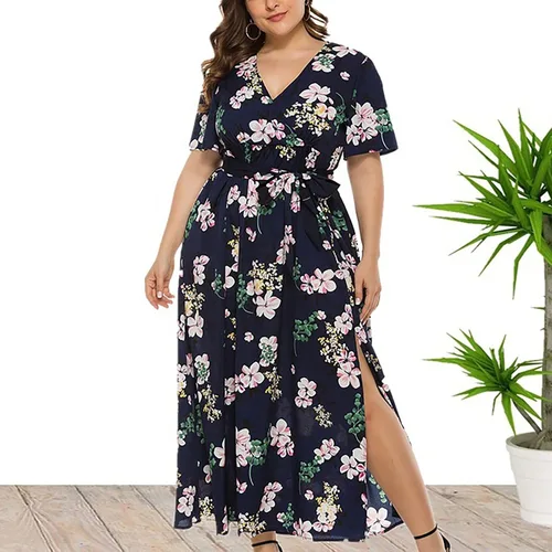 Vista 2 de Vestidos de talla grande para mujer, 2023 para primavera y verano, vestido de playa floral, elegante, romántico, con dobladillo fruncido, vestido