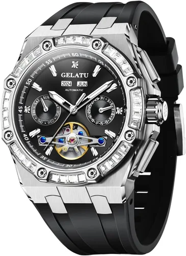 Vista 10 de Diamond Skeleton Mens Watches Automatic Mechanical Luxury Watch Sapphire Crystal Waterproof Luminous Wristwatch Silicone Band