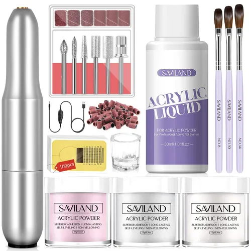 Vista 23 de Saviland Kit de iniciación de uñas acrílicas: polvo y líquido acrílico rosa claro nude, cepillo, limas, formularios, uñas a presión, juego