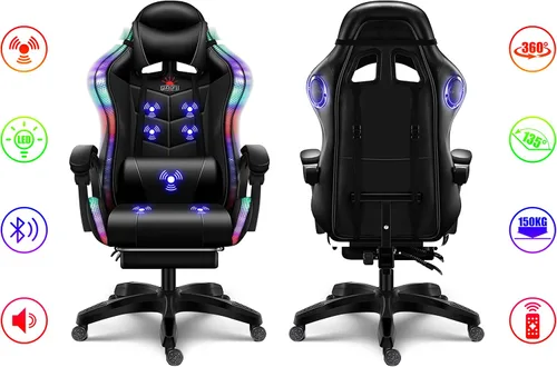Vista 4 de Silla ergonómica para juegos profesional con luces LED y altavoces, silla de videojuegos con masaje y reposapiés, silla de computadora de respaldo