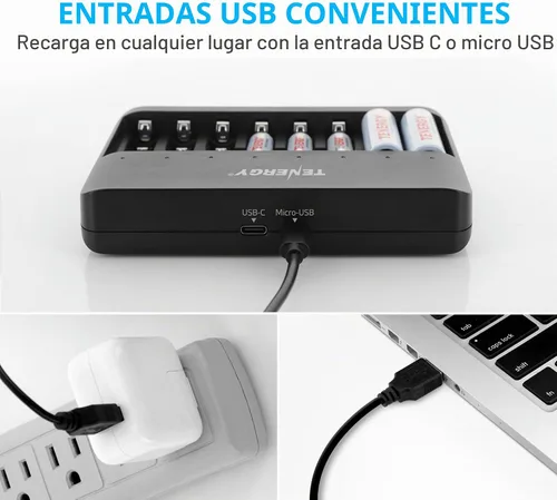 Vista 4 de Tenergy TN477U - Cargador rápido de 8 bahías para baterías recargables NiMH/NiCD AA AAA con 4 unids 2500 mAh AA y 4 pilas recargables AAA de 1000 mAh