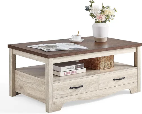 Vista 9 de LINSY HOME Mesa de centro de granja con almacenamiento, mesa de centro de madera para sala de estar, área de exhibición abierta y cajones