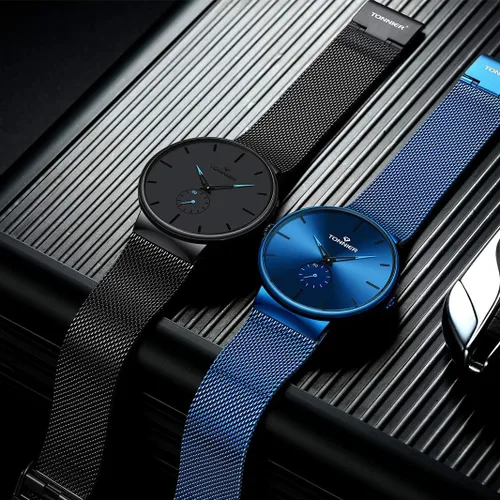 Vista 5 de Tonnier - Reloj de acero inoxidable estilizado para hombre, manecillas de reloj cóncavas, esfera de segundero independiente