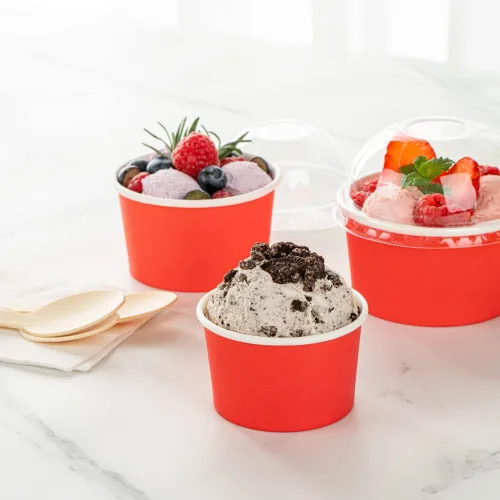Vista 6 de Restaurantware 50 unidades rojo para llevar taza desechable de 3 x 3 x 1.8 pulgadas, mini taza de papel resistente a la grasa reciclable diseño