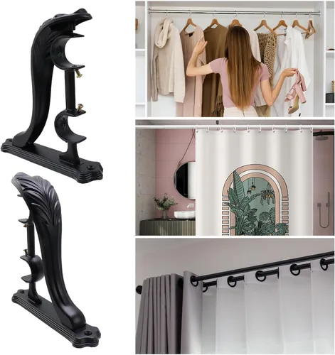 Vista 6 de 2 piezas de soportes dobles para varilla de cortina, soportes negros retro de montaje en pared para ganchos de varilla de cortina con tornillo