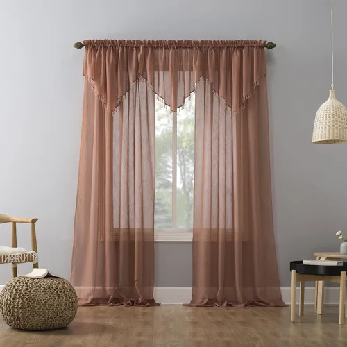 Vista 5 de No. 918 Erica - Juego de 3 cortinas de gasa triturada con cuentas transparentes con bolsillo para cortinero Cedro Naranja