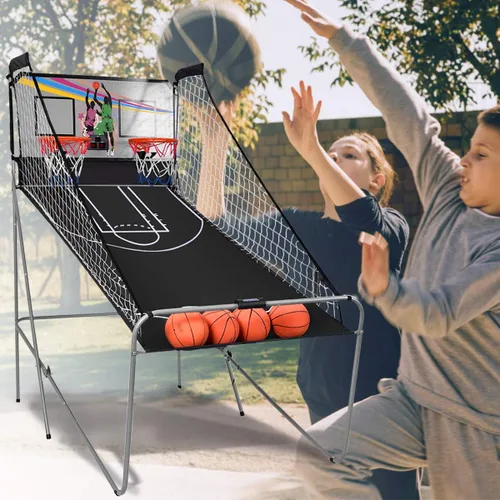 Vista 2 de Giantex Juego de Arcade de Baloncesto Plegable, 8 Opciones de Juego, Juego Electrónico de Tiro Doble para 2 Jugadores con 4 Bolas y Sistema de Negro