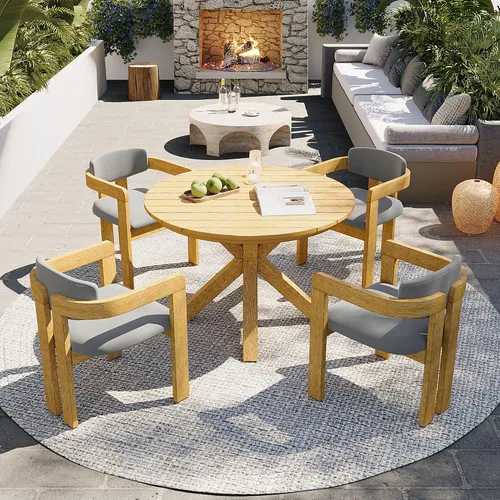 Vista 19 de Juego de comedor de patio al aire libre de 7 piezas, madera de acacia con marco de hierro, mesa rectangular para todo tipo de clima y 6 sillas