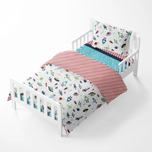 Vista 4 de Bacati - Juego de ropa de cama de algodón multicolor espacial de 4 piezas para niños, 100% algodón, incluye edredón reversible, sábana bajera