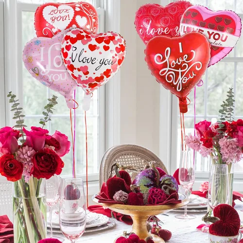 Vista 3 de Globos de San Valentín de corazón rojo, 16 globos de aluminio con texto en inglés "I Love You", globos Myalr para San Valentín, noche