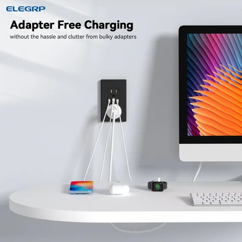 Vista 6 de ELEGRP Tomacorrientes USB, 30 W 6.0 Amp USB C, toma de pared USB de 3 puertos, toma de corriente resistente a manipulaciones de 15 amperios con 2