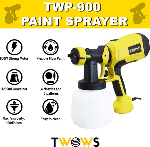 Vista 2 de TWOWS, Pulverizador de pintura, 600 W, pistola de pintura HVLP, con contenedor de 40.6 fl oz, taza de limpieza y viscosidad, 4 boquillas de cobre