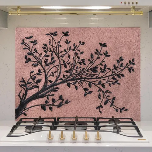 Vista 11 de Azulejos de salpicadura de cocina de cobre hechos a mano, ramas de árbol con hojas para salpicadura de cocina, panel decorativo de salpicadura