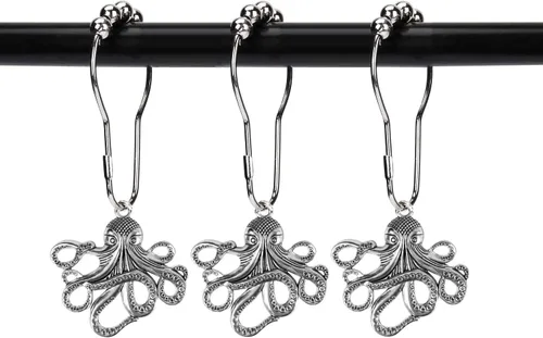 Vista 6 de Juego de 12 ganchos decorativos para cortina de ducha con pulpo, para el hogar, baño, criatura marina, bestia, bestia, acero inoxidable, anillos