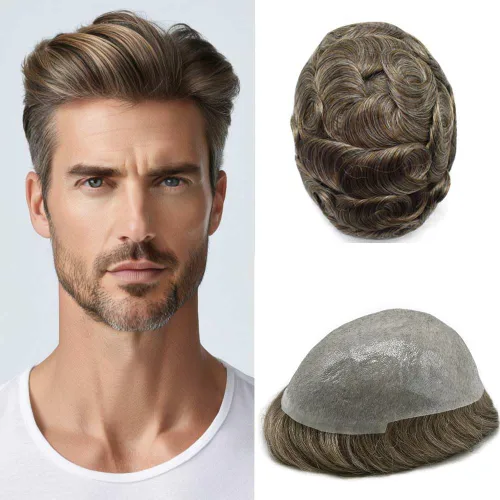 Vista 32 de 0.002 in ultra fina piel tupé Remy cabello humano piezas para hombres V-Looped sistema de pelo para hombre tupé pelo tupé para hombres protesis