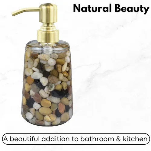 Vista 2 de Dispensador de jabón recargable hecho a mano para baño y cocina, dispensador de jabón de piedra Rocks con bomba de acero inoxidable dorado