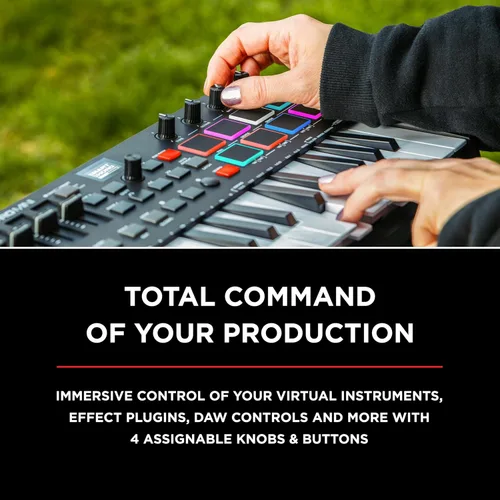 Vista 3 de M-AUDIO Oxygen Pro Mini Controlador de teclado MIDI USB de 32 teclas para MacOS y WinOS, con Beat Pads, perillas y faders asignables, y paquete